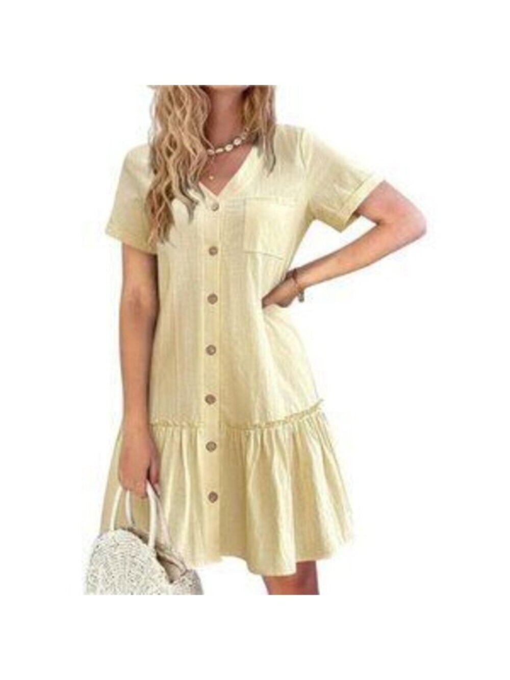 Women's Button Down Dress Loose Summer Cotton Linen Dress Ruffle Hem Tunic Dress